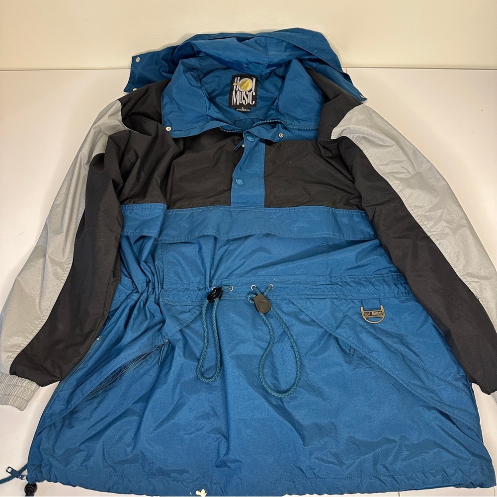 Vintage 90s "Hot Music" Winter Ski Hooded Jacket Mens Size XL Blue Black Silver